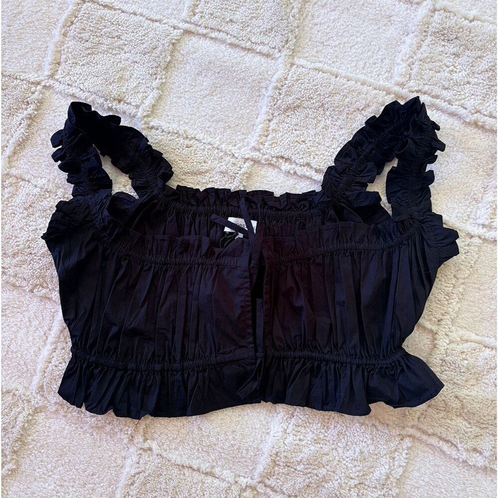WeWoreWhat Double Tie Crop Top Small Black Cotton Poplin Ruffle NWT WWT138-02